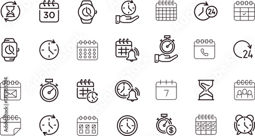 Productivity Chronology Icon Set:Monoline Time Management, Scheduling and Calendar Symbols for SaaS Platforms and Enterprise Systems