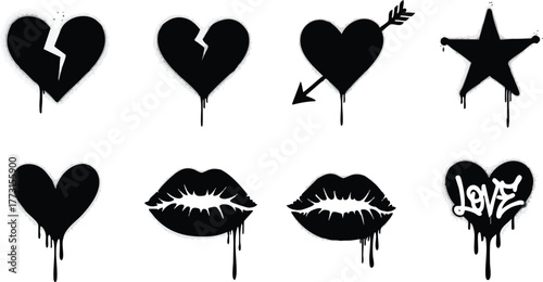 Black graffiti art heart shapes and star with dripping paint design.