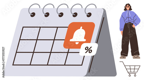 Calendar with notification bell and discount icon. Woman in casual wear and shopping cart. Ideal for schedules, sales, discounts, reminders, shopping, time management marketing. Simple flat metaphor