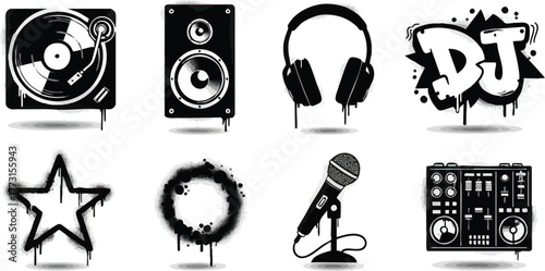 Collection of DJ and music icons with graffiti spray paint effect.