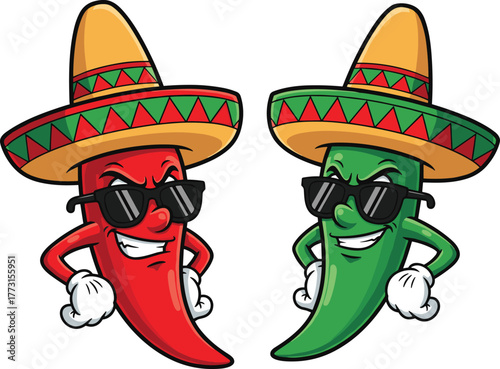 Cartoon chili peppers with sombreros, red and green spicy characters, Mexican fiesta theme, sunglasses and attitude, fun vector illustration design
