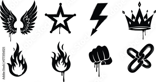 Graffiti Style Icons Wings Star Lightning Crown Fire Fist and Chains.