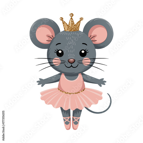 Cute vectorillustration of a cute mouse ballerina with crown gold glitter elements