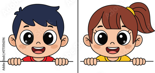 Cartoon children peeking over line, happy boy and girl illustration, expressive eyes, playful pose, kid-friendly vector artwork, cheerful design