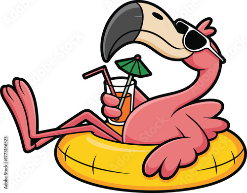 Cartoon flamingo relaxing in pool float, tropical vacation theme, summer drink with umbrella, sunglasses bird character, vector artwork design