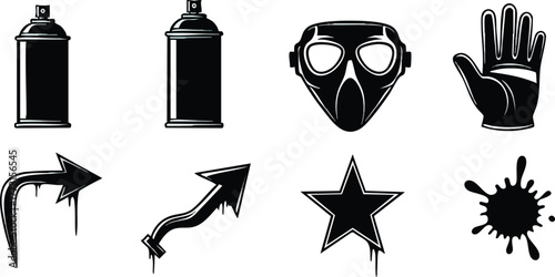Graffiti art elements collection spray cans arrows star mask hand.