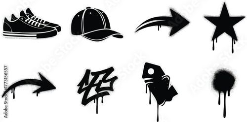 Set of black graffiti spray paint elements and icons.