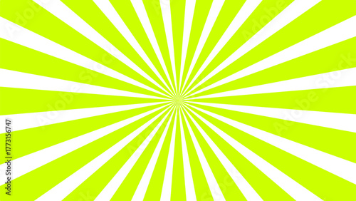 A vibrant lime green and white sunburst pattern with rays radiating from a central point, creating a dynamic background.