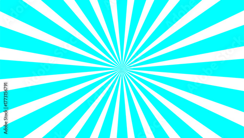 A vibrant cyan and white sunburst pattern with rays radiating from a central point, creating a dynamic background.