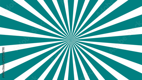 A vibrant teal and white sunburst pattern with rays radiating outwards from a central point, creating a dynamic background.