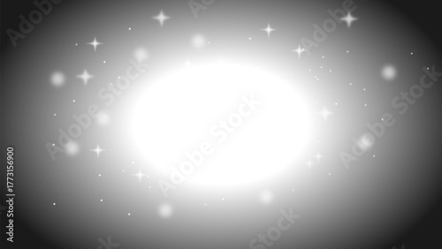 Abstract monochrome background featuring a bright central glow with surrounding sparkles and stars.