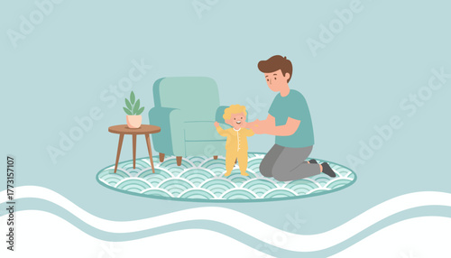 Happy father assisting his toddler son taking his first steps at home