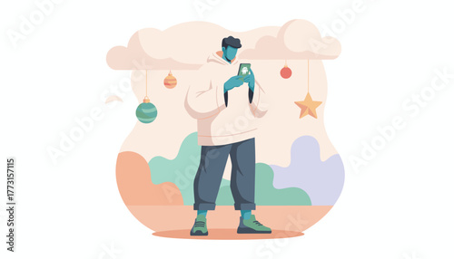 Person in a hoodie using a mobile phone with Android logo under festive holiday decorations