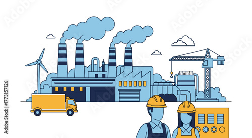 Industrial manufacturing facility with workers pollution crane truck and wind energy