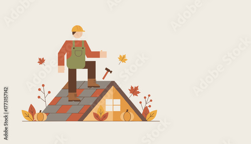 Autumn roof repair and home maintenance worker illustration Seasonal construction service graphic