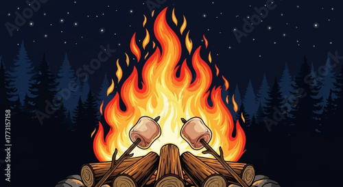 Campfire with marshmallows roasting at night in the forest.