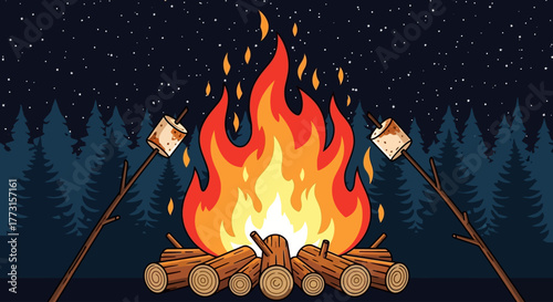 Campfire with marshmallows in a forest at night illustration.