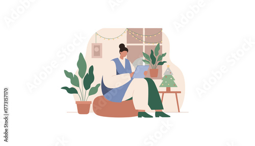 Remote worker uses laptop in a cozy Christmas decorated home office Digital illustration