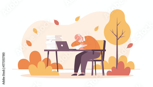 Exhausted senior man asleep at desk with laptop and papers in an autumn outdoor setting