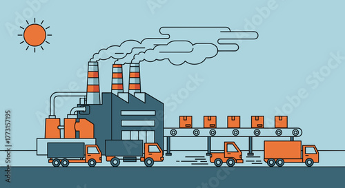 Supply chain logistics Factory producing goods loading boxes onto delivery trucks via conveyor belt