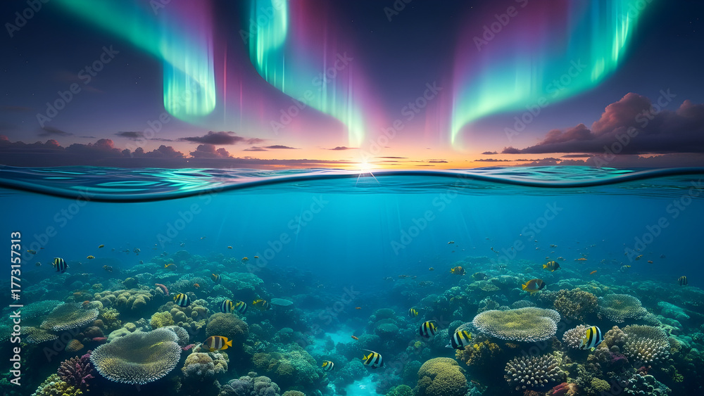 Fototapeta premium A fantasy over-under seascape at twilight where the ocean surface curves like liquid glass, reflecting an aurora-filled tropical sky. Above, shimmering ribbons of light in turquoise, pink, and violet.