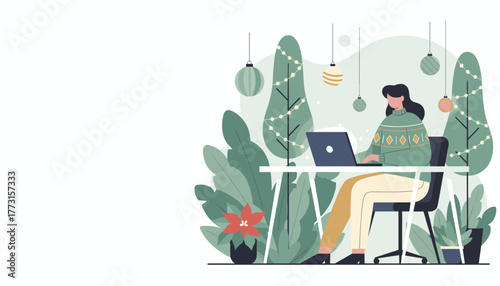 Woman working remotely on a laptop in a cozy festive home office with plants