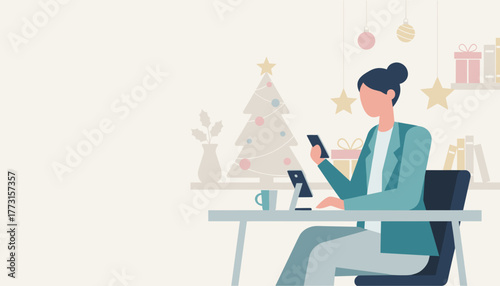 Businesswoman working on her phone at a festive desk Remote work holiday shopping or digital communication