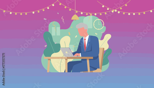 Senior executive working on laptop during a festive latenight celebration