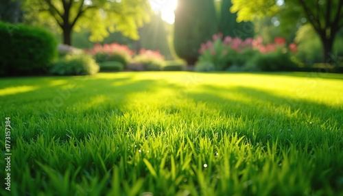 Close-up of green grass in garden with blurred background of trees and flowers. Freshly cut lawn with dew drops. Beautiful outdoor scenery with lush foliage and vibrant blooms.