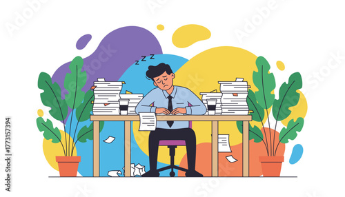Overworked employee asleep at his desk buried in papers Office burnout and stress concept