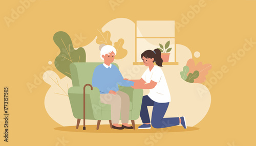 Compassionate caregiver assists senior woman sitting in armchair at home Home healthcare and elderly support