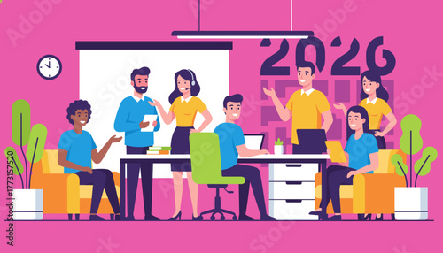 Diverse team collaborating in a modern office planning strategies for the new year 2026