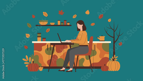 Autumn remote work Woman using laptop at a counter surrounded by fall leaves and pumpkins