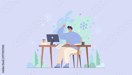 Creative man working remotely on a computer finding an idea in a cozy winter home setting Vector illustration