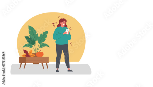 Frustrated woman reacts angrily to a smartphone message or technical problem at home