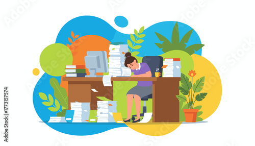 Overworked employee sleeps on her office desk buried in huge stacks of paperwork and deadline stress
