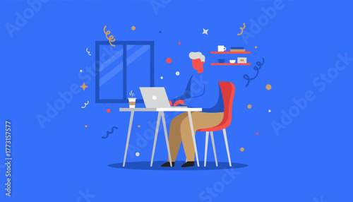 Celebrating success Professional working on laptop in a festive modern home office setting