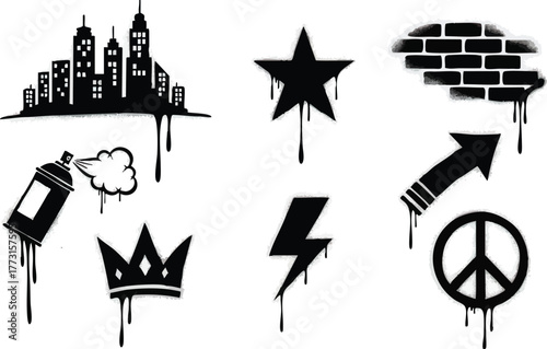 Urban Graffiti Art Elements Collection with Dripping Paint Style.