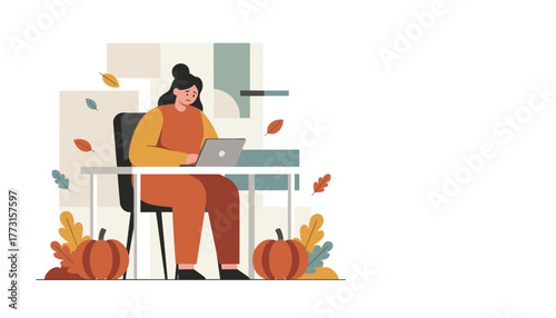 Stressed woman remote working on laptop surrounded by fall decor Q4 business pressure concept