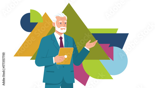 Senior businessman presenting data charts on a tablet Business education and finance concept