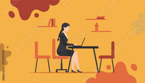 Businesswoman working on laptop in modern office illustration Professional remote work concept