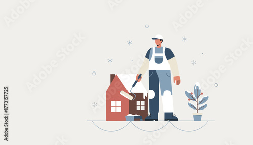 Painter applying fresh white paint to a house Home renovation maintenance and repair illustration