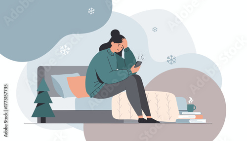 Sad woman using phone in bed during winter Anxiety stress and mental health illustration