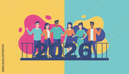 Diverse young people celebrating 2026 Future goals business success and teamwork illustration