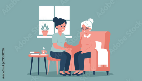 Support and care Young woman comforting elderly lady in an armchair illustration