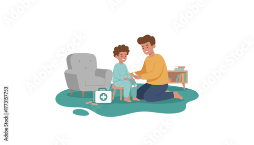 Father putting a bandage on his sons injury Home first aid and family care