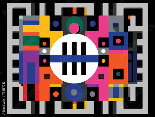 Abstrato colorido com formas geométricas e padrão de QR code, design moderno e digital.