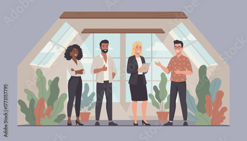 Diverse business team collaborating happily in a modern sustainable office with large windows and plants