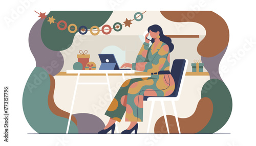Remote worker talking on phone using laptop in a stylish festive setting Multitasking business lifestyle