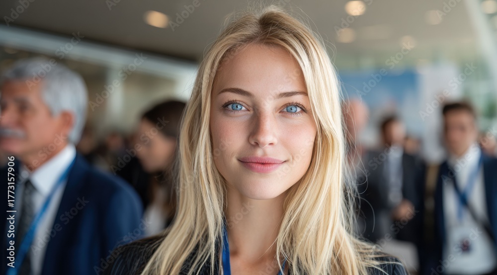 Fototapeta premium Young businesswoman engages in friendly conversation at trade exhibition, dressed in smart casual attire and exuding approachable confidence.